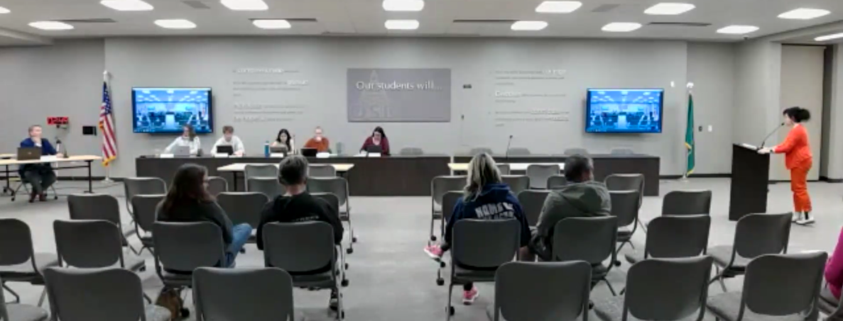 As seen over Zoom, during the Olympia school board meeting on October 10, Erika Lari presented her views of the board’s budget management and indifference to the community to the superintendent, the board and a few members of the public. Pictured from left to right: Superintendent Patrick Murphy, Board President Hilary Seidel, Director Jess Tourtellotte-Palumbo, Student reps Vy Le and Sovana Roberts, Director Maria Flores and Erika Lari.

Watch OSD’s October 10 board meeting, courtesy of OSD: https://go.boarddocs.com/wa/osd111/Board.nsf/vpublic?open