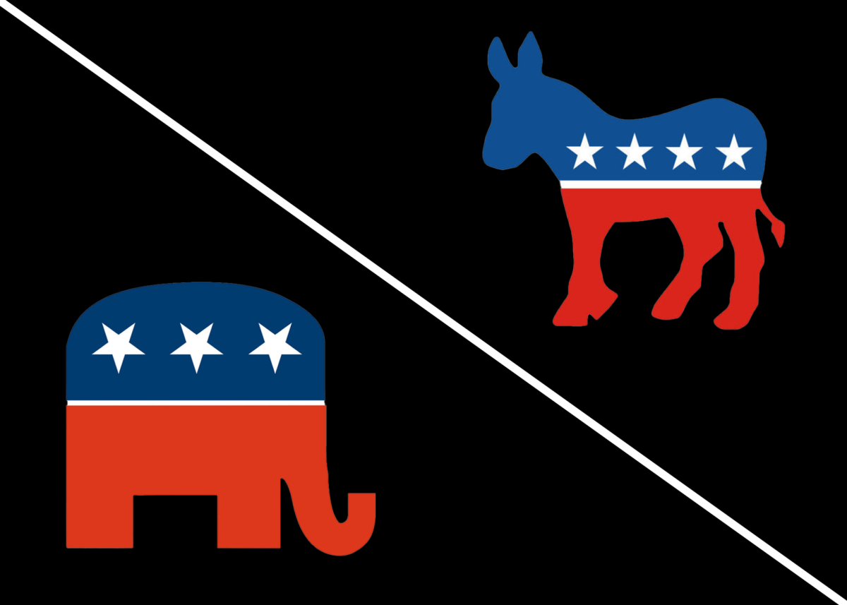 The infographic shows two sides of politics which the Democratic Donkey and the Republican Elephant represent. Ryker Kollmyer via Adobe Illustrator.