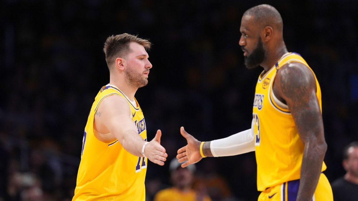 After a time-out, Doncic and James congratulate each other after continuing the 10-0 run. Photo courtesy of ABC30 